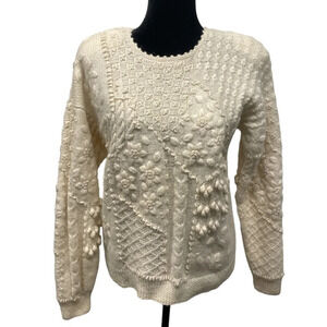 Vintage Original 90 Hand Knitted 100% Wool Chunky Fisherman Sweater Creamy White